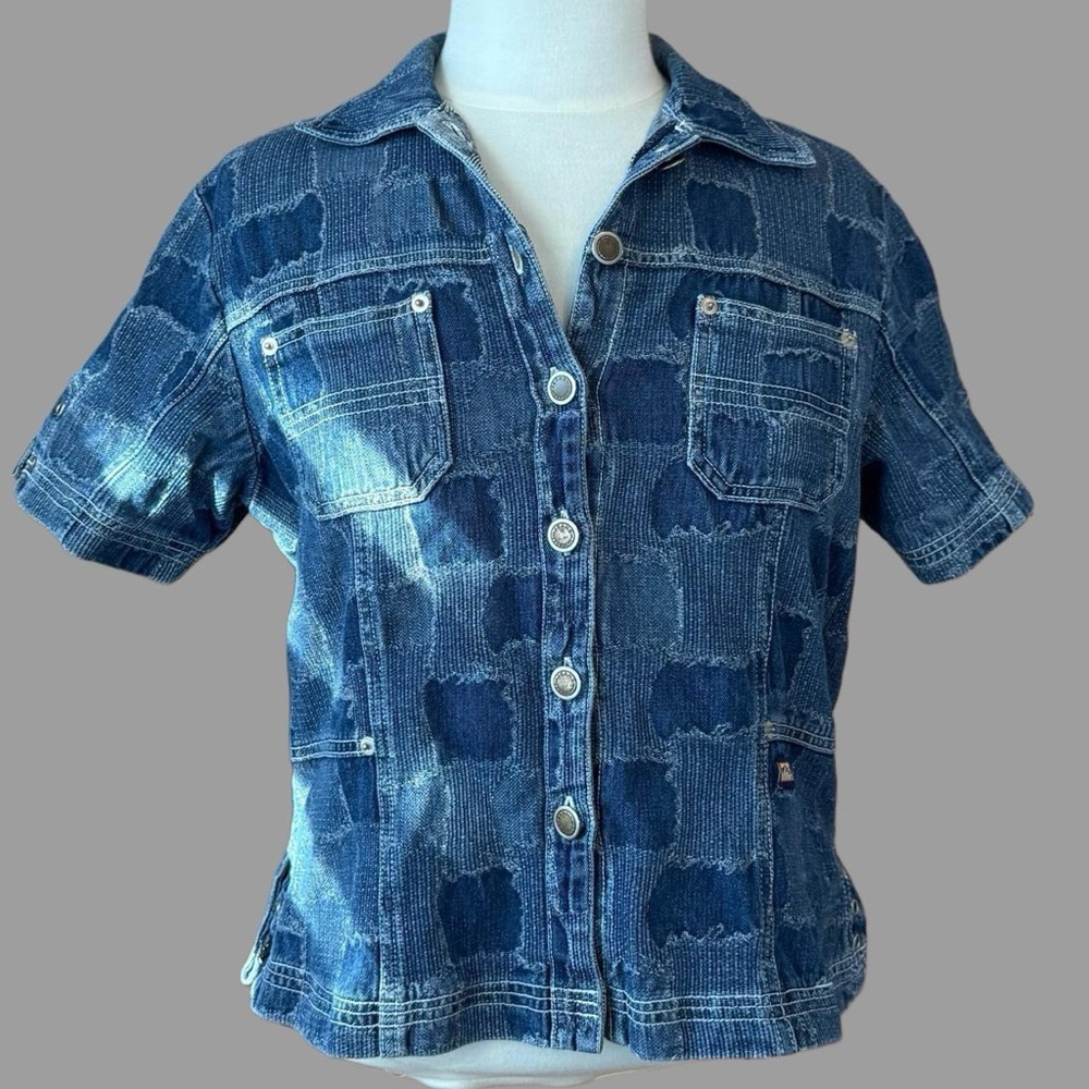 Blue denim button-up top patchwork design